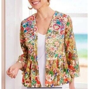 Soft Surroundings 2X Ariege Jacket Medium Floral Beaded Embroidered Peplum Artsy
